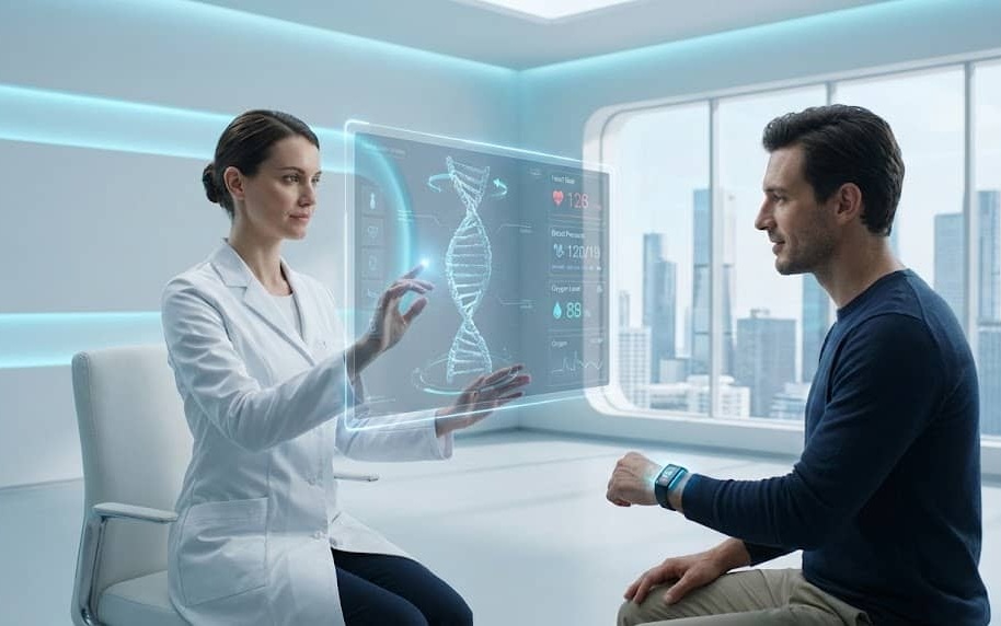 A doctor and patient using advanced holographic technology to analyze personalized health data