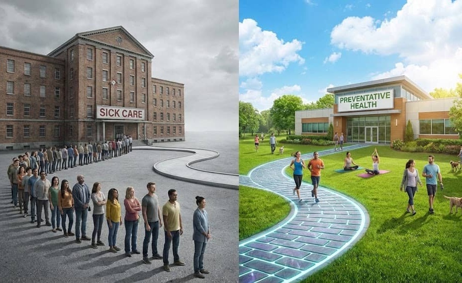 A visual representation of the shift from reactive "sick care" to proactive "preventative health.