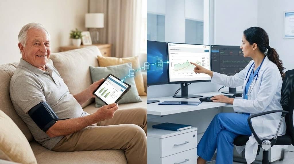 the core concept of Remote Patient Monitoring—a patient at home connected to their healthcare provider in a clinic