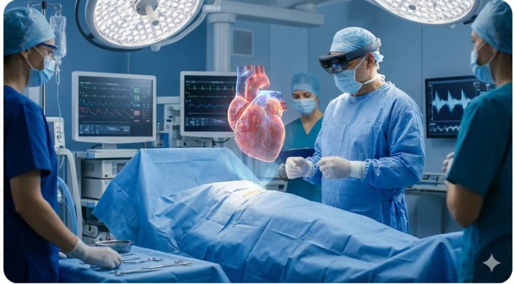 A surgeon in an operating room wearing augmented reality glasses, viewing a holographic, beating digital twin of a human heart above a patient.