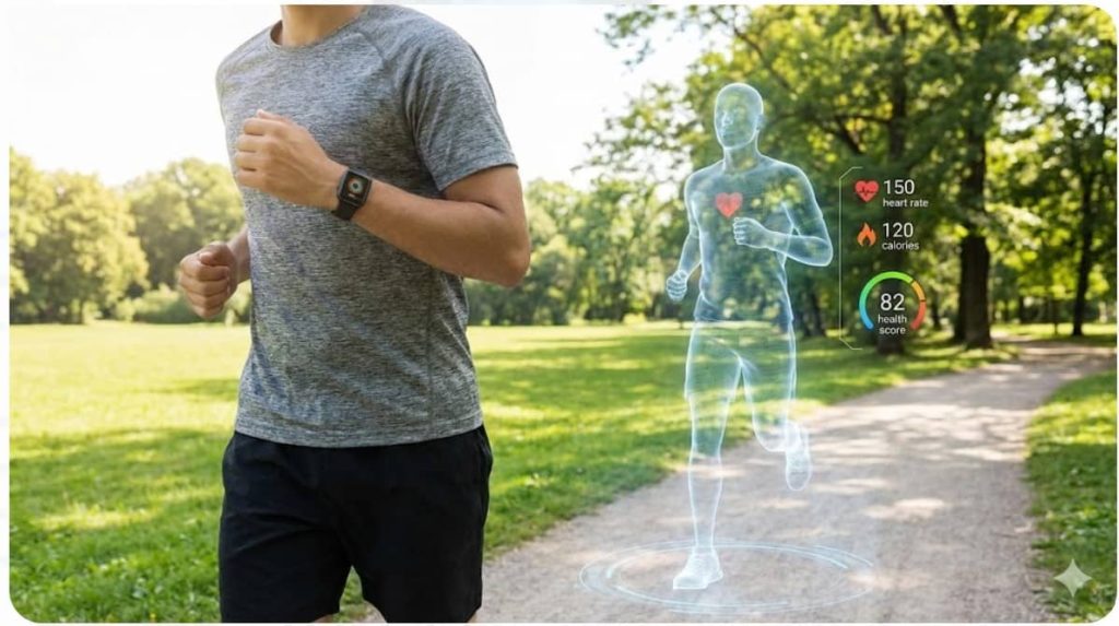 A person jogging in a park with a smart watch, with a translucent holographic digital twin running beside them displaying real-time health data like heart rate and calories.