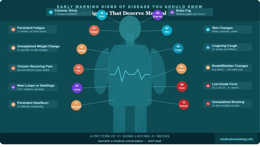 Illustrated infographic of the 12 early warning signs of disease you should know, mapped onto a human body silhouette with colour-coded labels including fatigue, weight change, skin signs, persistent cough, cognitive fog, and unexplained bruising