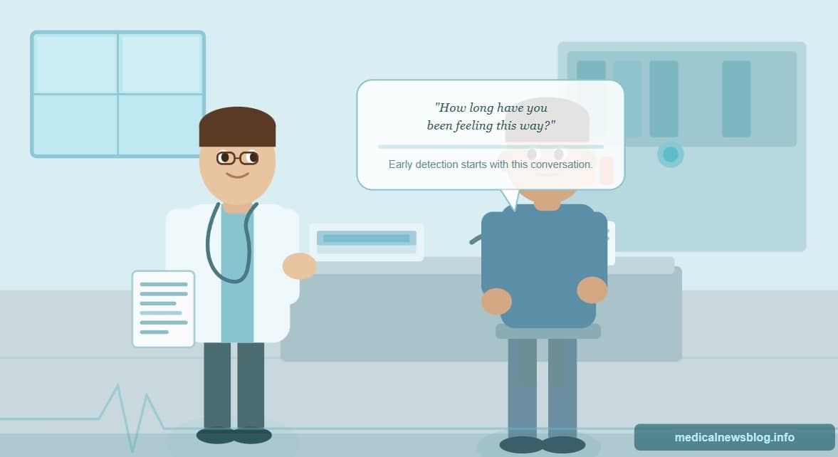 A doctor and patient in a clinical consultation discussing early warning signs of disease, with the physician reviewing notes on a clipboard in a modern medical office