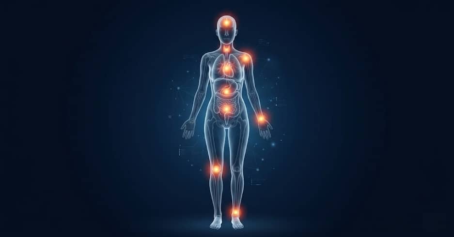 Illustrated human body showing ten physical warning signs your body is fighting disease including fatigue, fever, skin changes and digestive signals