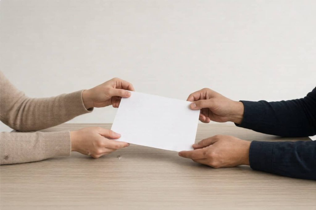 Handing a single page summary of a symptom diary across a desk before a consultation