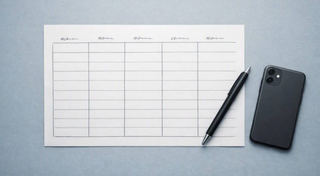 A symptom tracker page ruled into columns for date, duration, severity and triggers